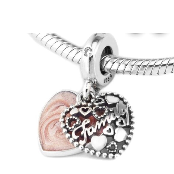Pandora Sterling Silver and Peachy Pink Heart “Family” Charm Bracelet - Picture 2 of 7